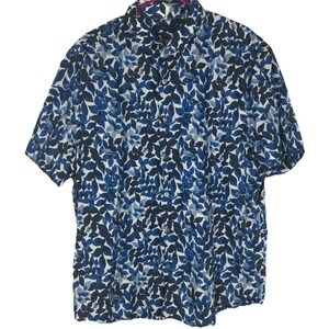 Perry Ellis Mens XL Blue Floral Leaf Short Sleeve Button Down Resort Shirt